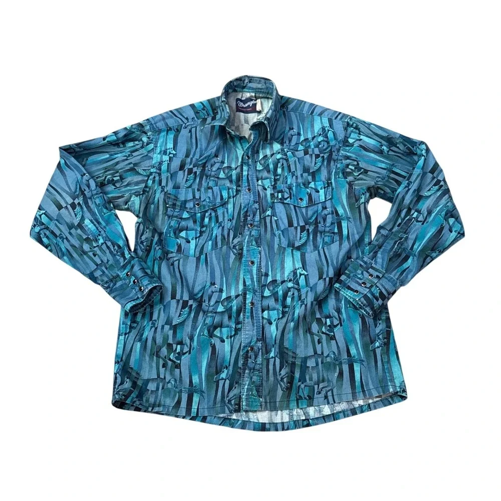 Wrangler Western Shirt Mens Blue Horse Graphic Pearl Snap Vintage Style SIZE M